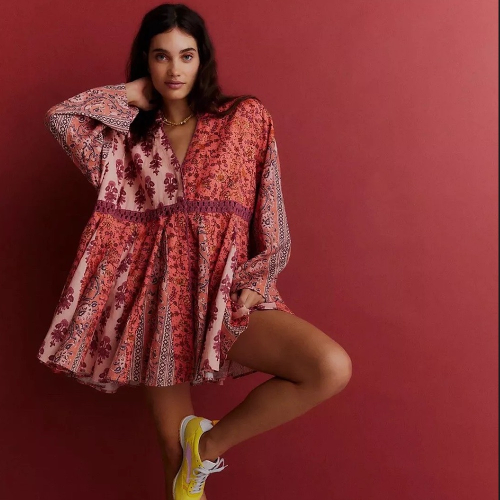 NEW FREE PEOPLE HAZY BABY PATCHWORK BABYDOLL SHIRT DRESS M